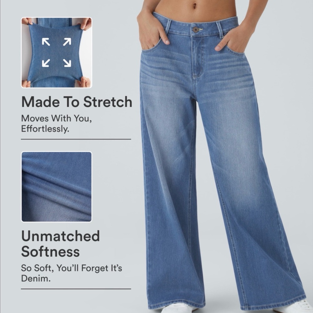 Halara Flex Low Rise Zipper Pockets Washed Baggy Wide Leg Casual Jeans